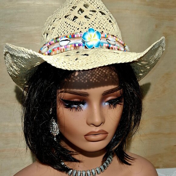 Boho CreamTribal Band Tycoon Crown Crochet Hollow Straw Cowboy Hat Festival - Picture 5 of 12